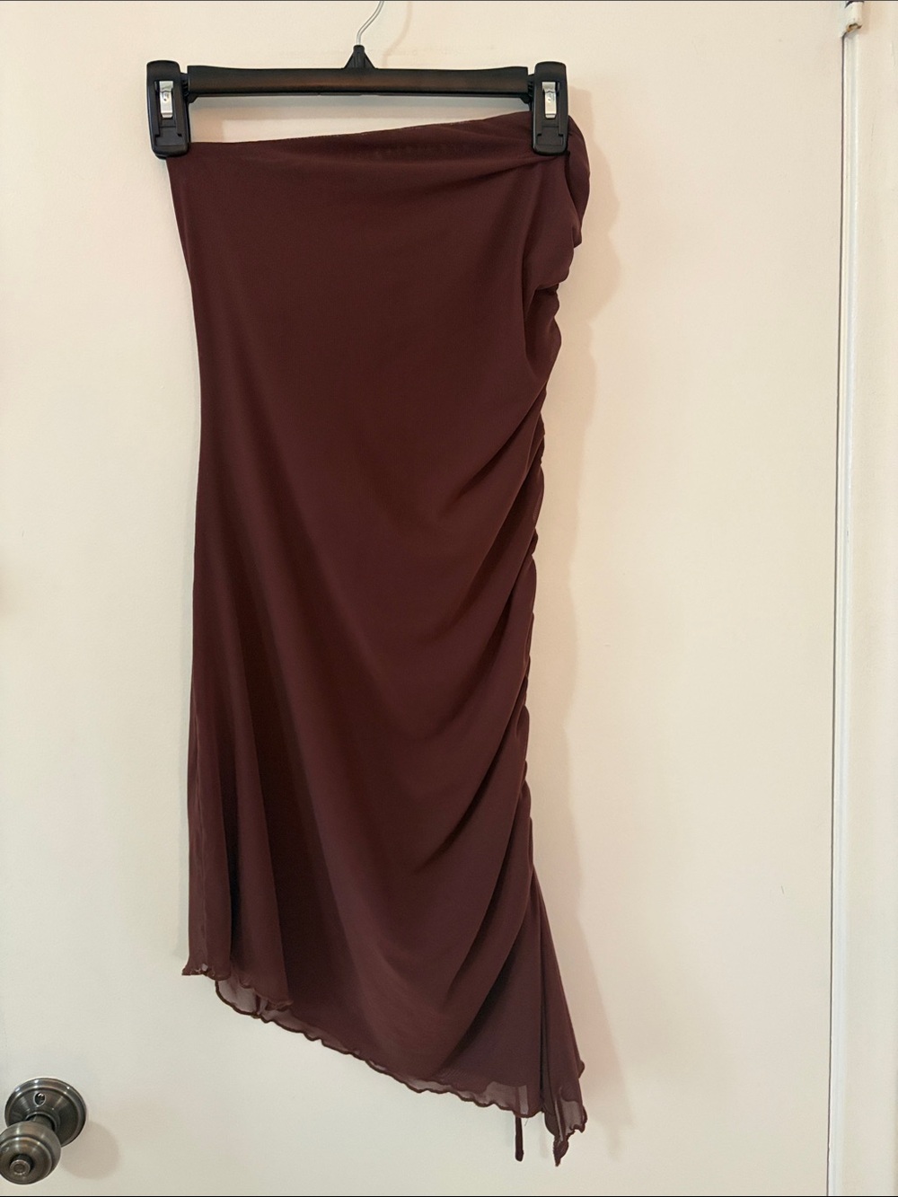 Asymmetrical Ruched Midi Dress in Deep Brown